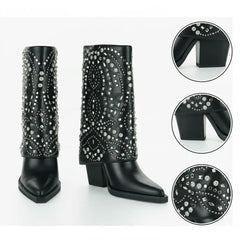 Tuhoomall Ankle Boots for Women, Stylish and Comfortable, Perfect for Parties and Casual Outings, Studded Design with Metal Buckle, 10cm Chunky Heel Tuhoomall
