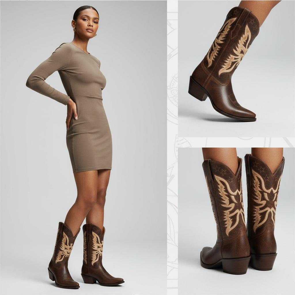 Tuhoomall Western Cowboy Boots for Women, Stylish Mid-Calf Chunky Heel, Unique Embroidered Animal Pattern, Perfect for Outdoor Casual Wear Tuhoomall