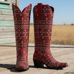 Tuhoomall Comfortable Knee-High Western Boots for Parties and Performances with Rhinestones and Floral Patterns, 5.7cm Chunky Heel, All-Season Fashion