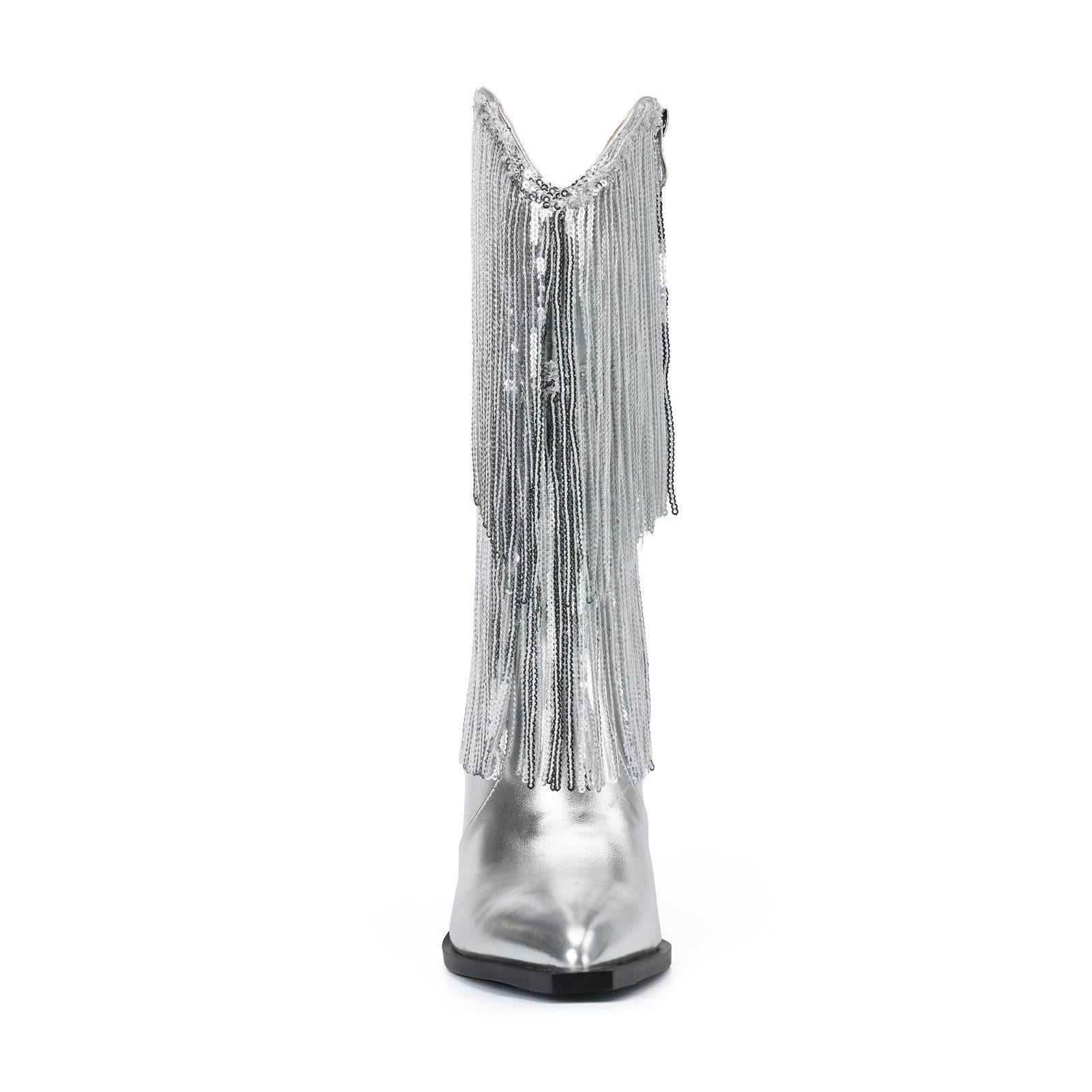 Tuhoomall Cowboy Ankle Boots for Women, Chunky Heel 3.15 in, Pointed Toe, Sequined Fringes, Perfect for Fashion Parties and Performances