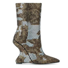 Tuhoomall Wedges Ankle Boots for Parties and Performances with Shimmering Rhinestones and Irregular High Heels Tuhoomall