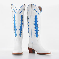 Tuhoomall Western Knee High Floral Embroidered Cowboy Boots for Travel, Outdoor and Casual Fashion with Chunky Heel and Slip-On Design