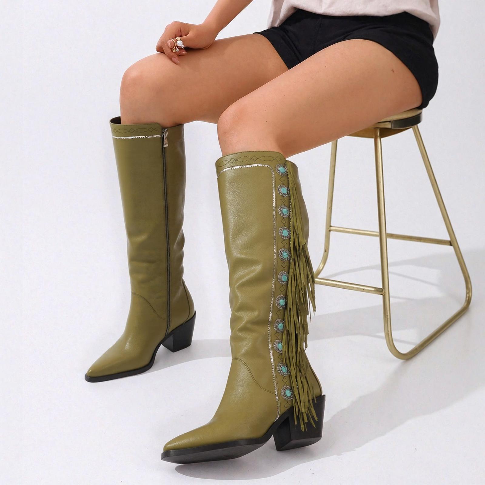 Tuhoomall Western Cowboy Knee-High Boots for Women, Comfortable Suede with Fringe & Metallic Accents, Stylish Block Heel for Outdoor Fashion