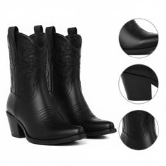 Tuhoomall Comfortable Western Ankle Boots for Fashion, Travel, and Leisure - Embroidered Genuine Leather, 5.5cm Chunky Heel, Slip-On Design