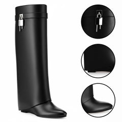 Tuhoomall Fashion Wedge Boots for Women, Comfortable Zipper Closure, Chic Metal Buckle, 7cm Heel for Parties and Daily Wear