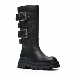 Tuhoomall Comfortable Mid-Calf Boots with Adjustable Metal Buckle for Casual Outdoor Fashion - Rubber Sole, Round Toe, All-Season