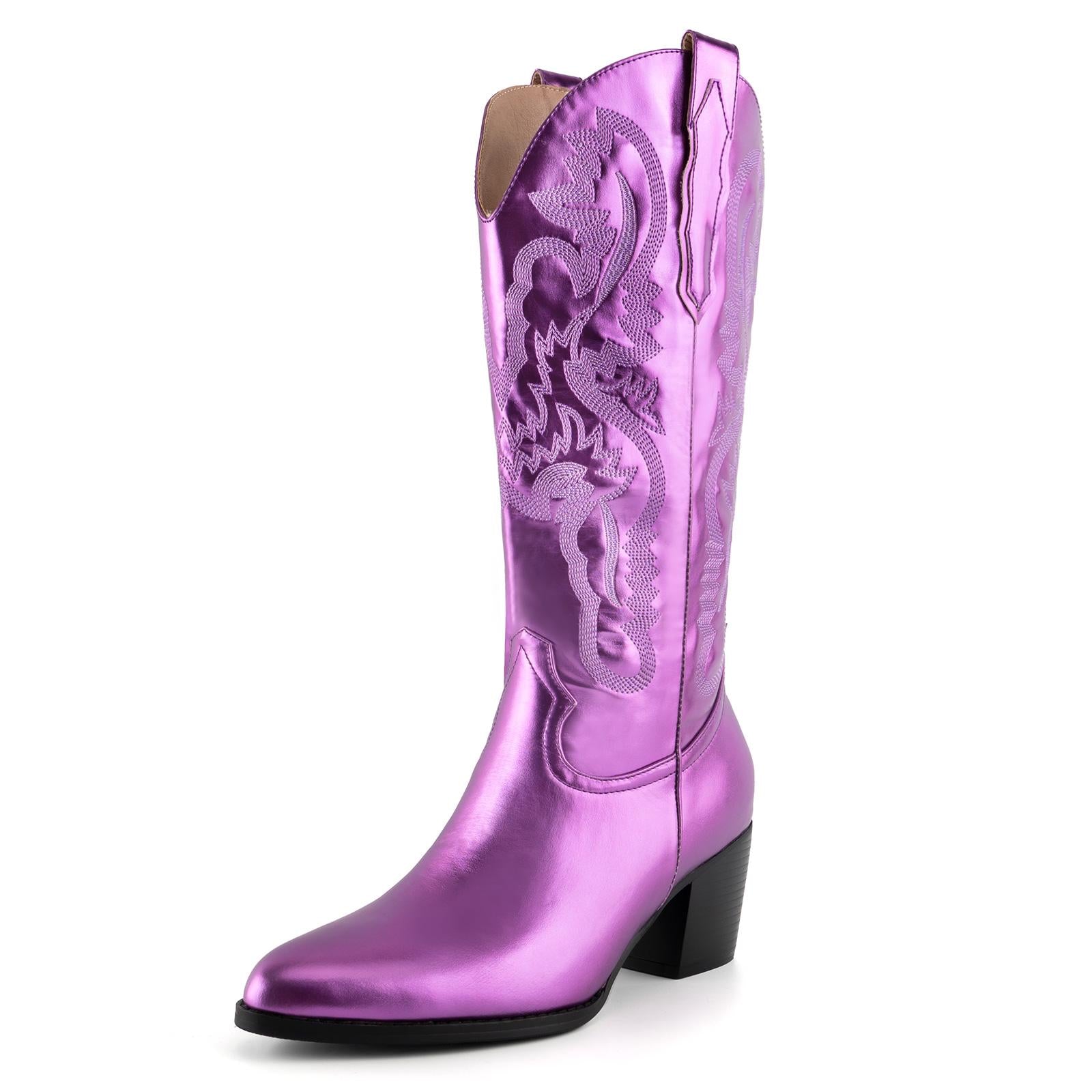 Tuhoomall Western Style Embroidered Mid Calf Boots for Women, Pointed Toe, Chunky Low Heel, Fashionable All-Season Footwear, Perfect for Parties