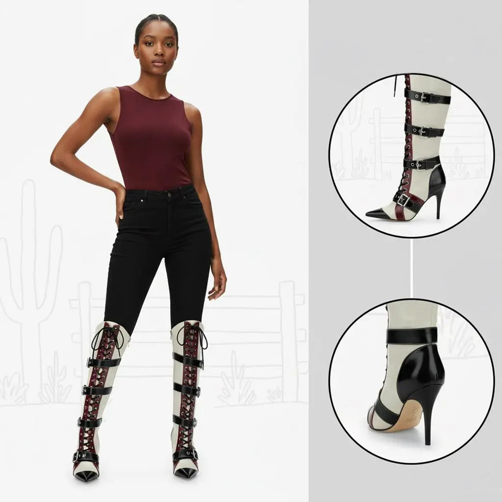 Tuhoomall Knee-High Boots for Women, Comfortable Floral Design with High Heel, Adjustable Buckle Closure, Perfect for Casual Style Tuhoomall