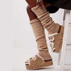 Tuhoomall Blue Faux Suede Fur-Lined Studs Double Buckle Strap Round Platform Cork Sandals Slippers