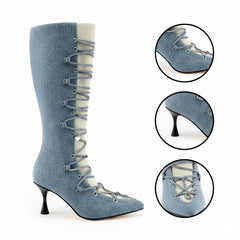 Tuhoomall Fashion Casual Mid-Calf Boots with Gradient Pattern, Pointed Toe, Chunky Heel, Slip-On Design for All Seasons