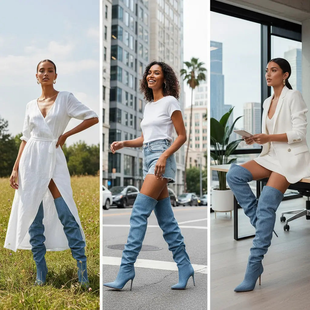 Tuhoomall Blue Denim Slouchy Pointy Thigh High Stiletto Heel Over Knee Boots For Women Tuhoomall