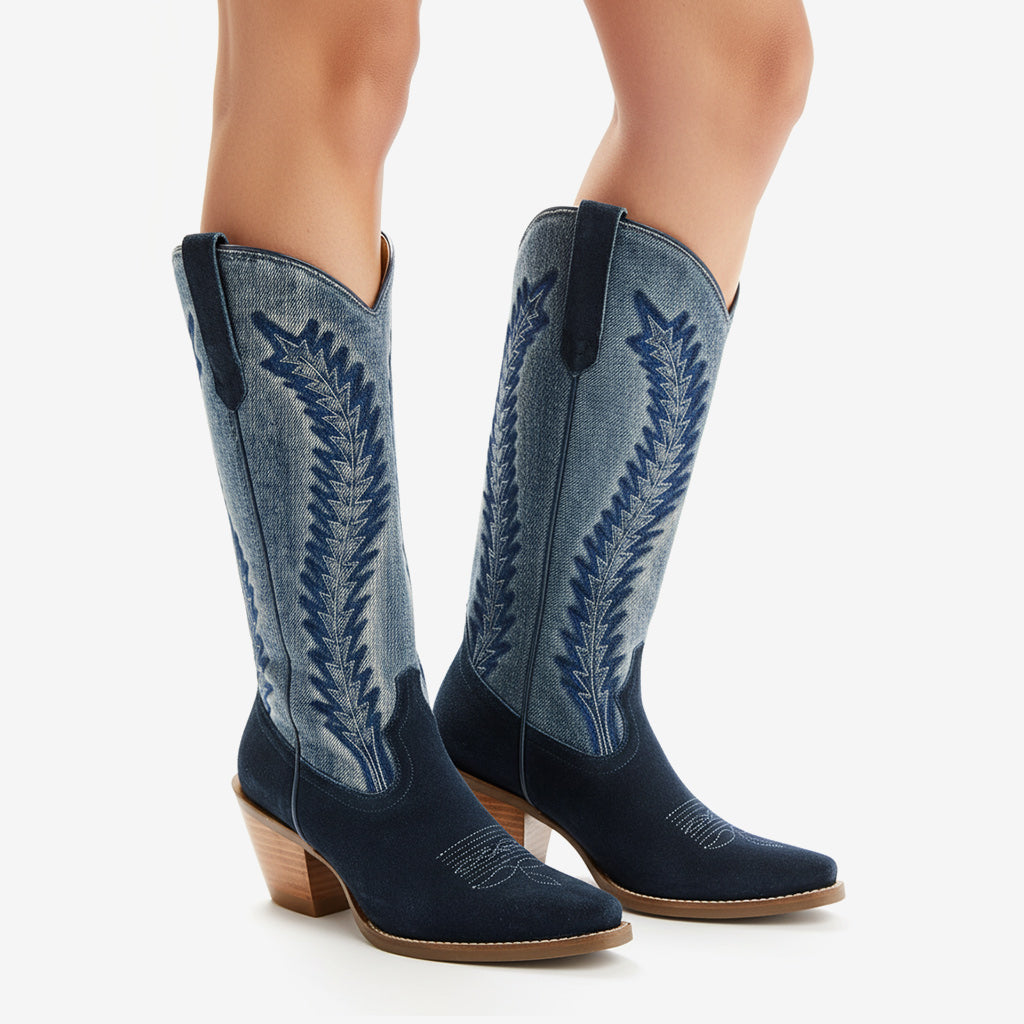 Tuhoomall Western Cowboy Boots for Women, Embroidered Design, Stylish Casual Mid-Calf Booties, Chunky Heel, Versatile for All Seasons