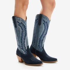 Tuhoomall Western Cowboy Boots for Women, Embroidered Design, Stylish Casual Mid-Calf Booties, Chunky Heel, Versatile for All Seasons