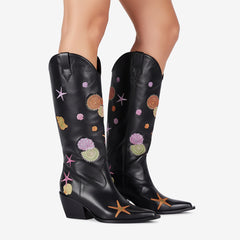 Tuhoomall Western Style Knee High Boots for Parties and Performances with Comfort and Embroidered Animal Patterns