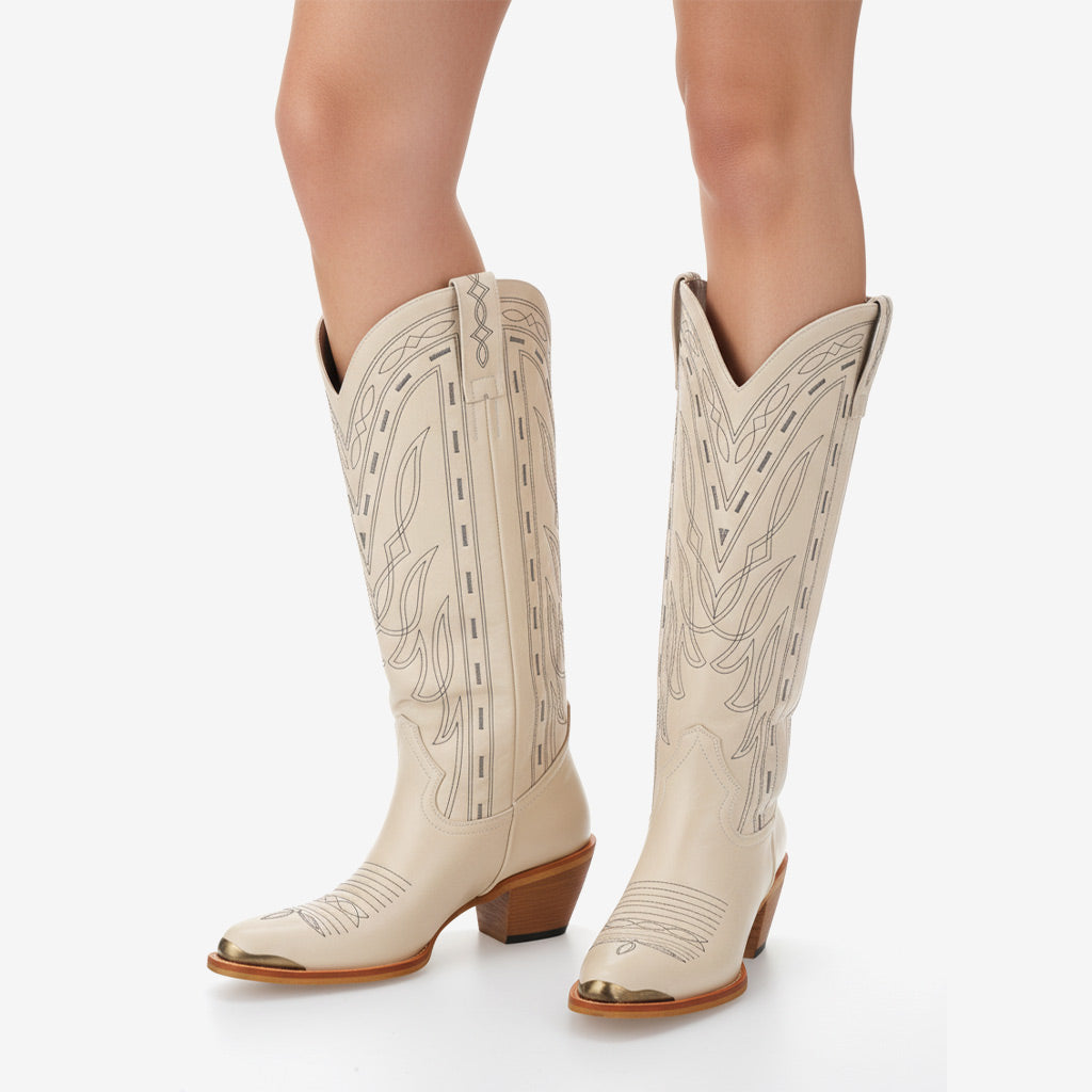 Tuhoomall Western Cowboy Boots for Women - Comfortable Embroidered Low Heel Mid-Calf Boots for Parties and Daily Wear