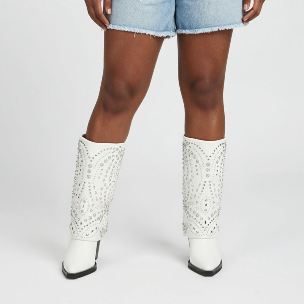 Tuhoomall Western Cowboy Boots For Women, Mid-Calf Foldable Design, Trendy Geometric Pattern, Chunky Heel, Sparkling Studs, Perfect For Outdoor Fashion