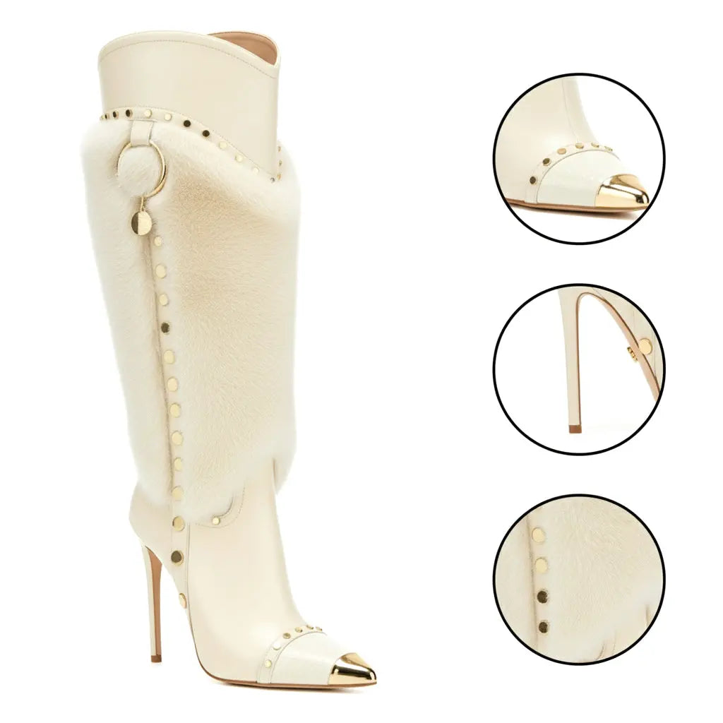 Tuhoomall Heel Fashion Boots for Women, Elegant Pointed Toe High Heels with Studs and Faux Fur, Ideal for Parties and Performances Tuhoomall