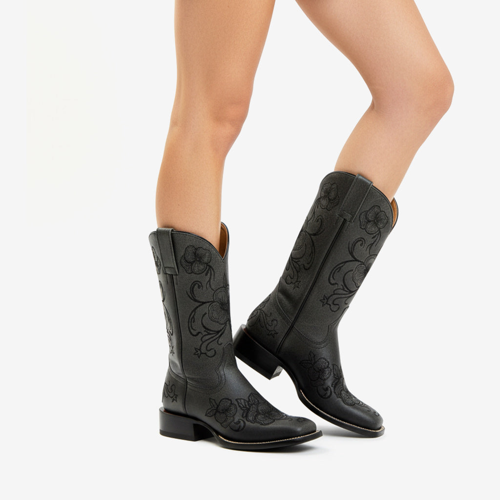 Tuhoomall Western Style Vintage Embroidered Cowboy Boots for Women, Casual Ankle Length, Chunky Heel, Slip-On Design, Perfect for Spring, Autumn, and Winter