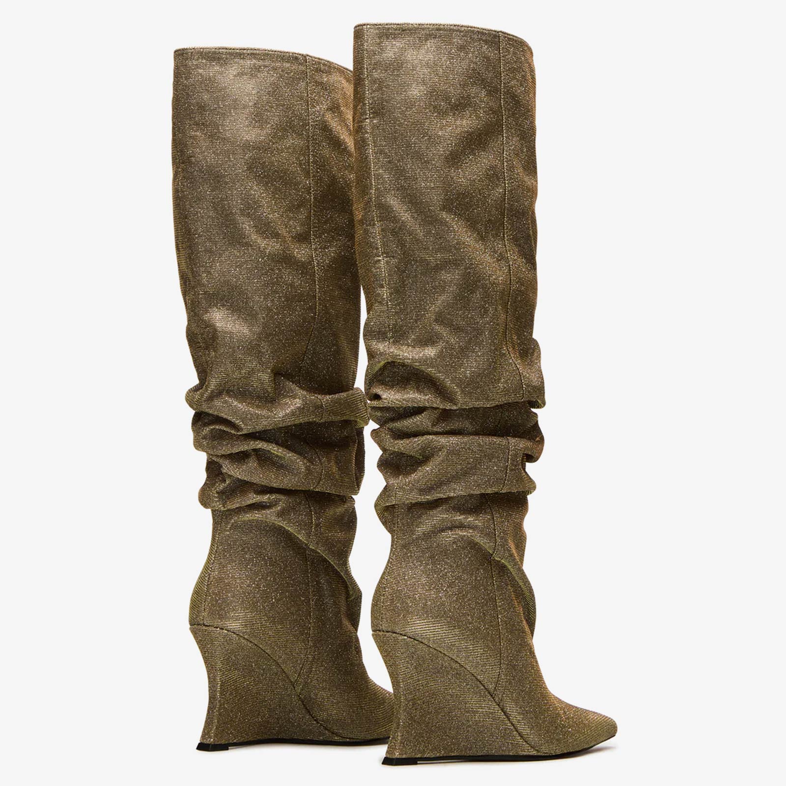 Tuhoomall Knee High Comfortable Wedge Booties With Pointed Toe For Parties, Performances, Fashion Events, Featuring Ruffled Design And Rubber Sole