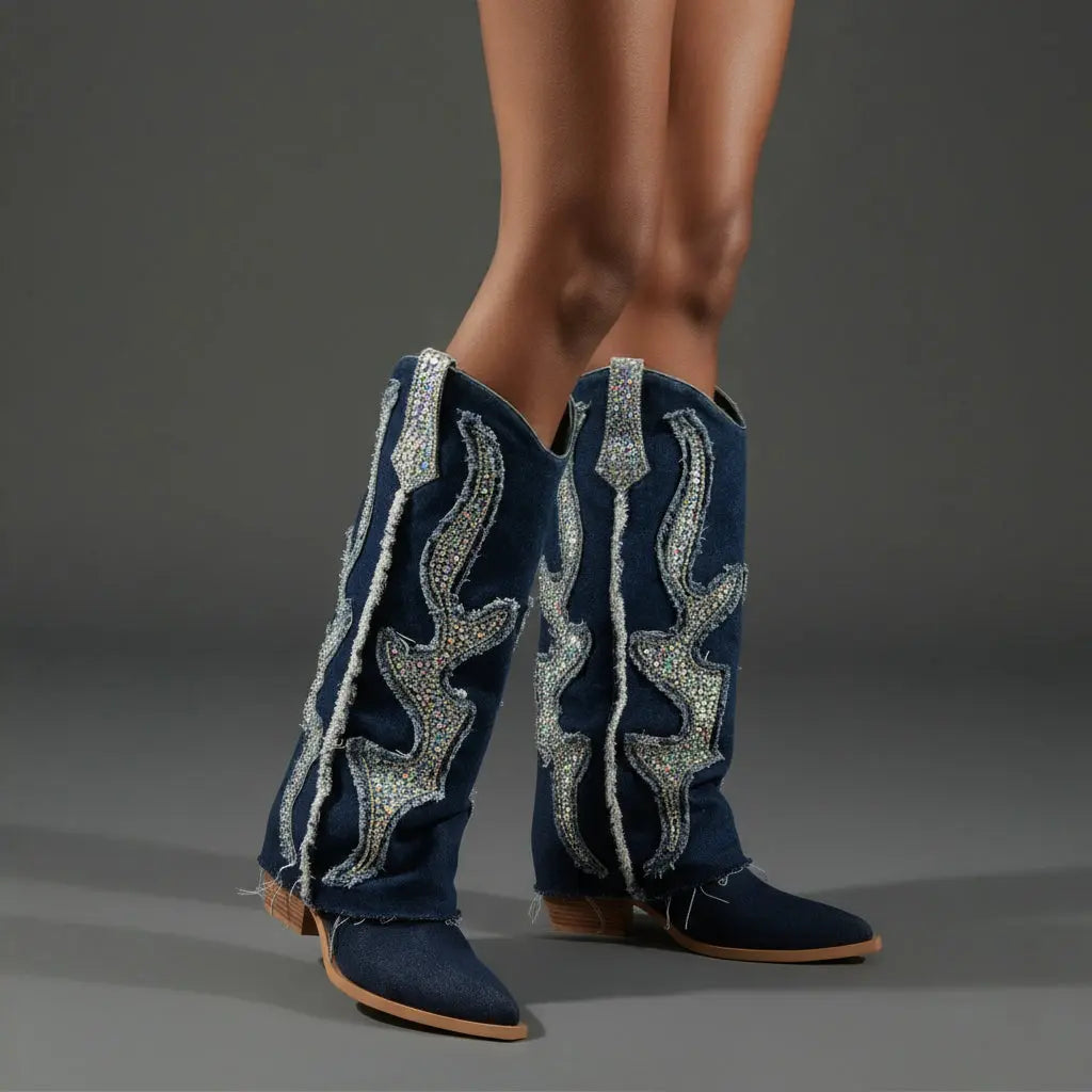 Tuhoomall Western Cowboy Boots for Women - Comfortable Rhinestone Foldable Design for Casual, Outdoor, or Party Wear Tuhoomall