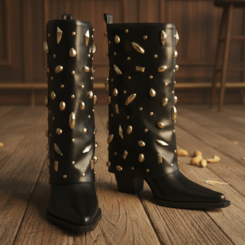 Tuhoomall Desert Style Chunky Heel Ankle Boots for Women, Studded Design, Perfect for Parties and Casual Events