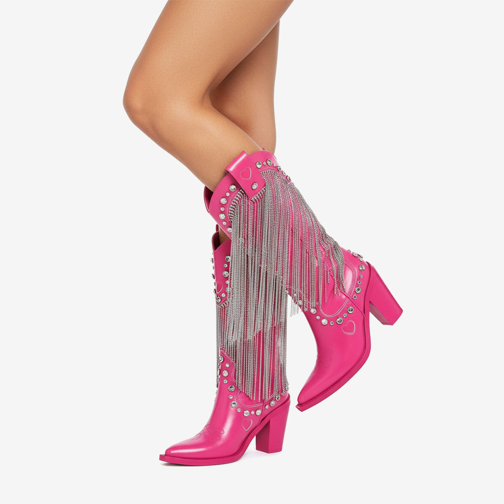 Tuhoomall Chunky Heel Western Rhinestone Booties with Fringes for Fashion Events, Pointed Toe, Slip-On Style, All-Day Comfort, Eye-Catching Design