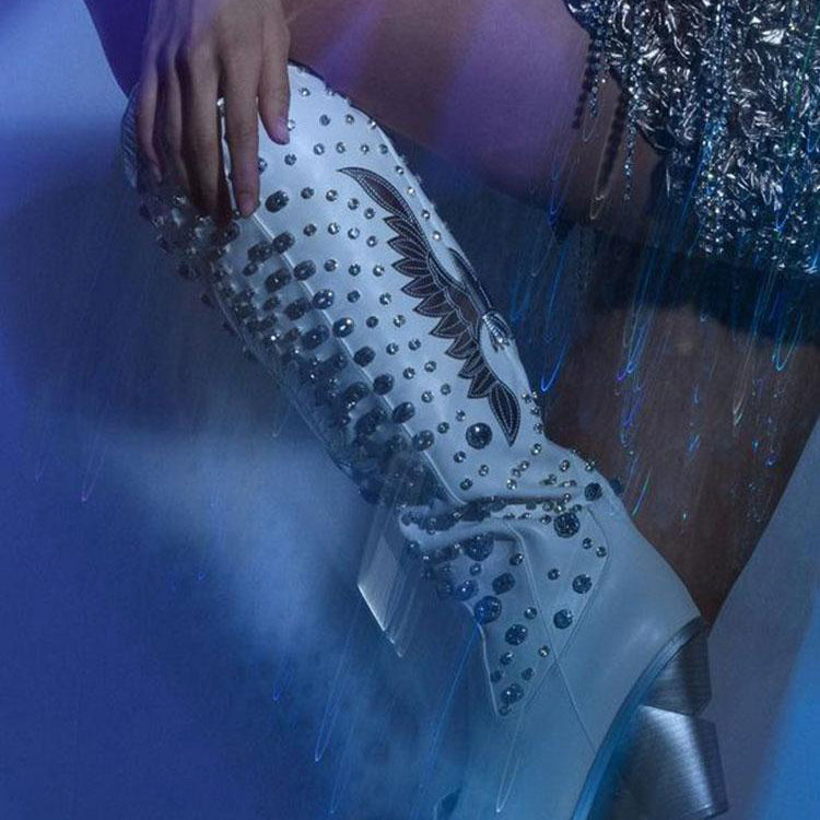 Tuhoomall Pointed-Toe Mid Calf Boots With Rhinestones For Fashion Parties | Chunky Heel, PU Upper, All-Season Style