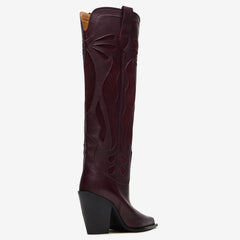 Tuhoomall Western Style Knee-High Floral Embellished Cowboys Boots for Women, Casual Use, Sharp Toe, Chunky Heel, All-Season Comfort
