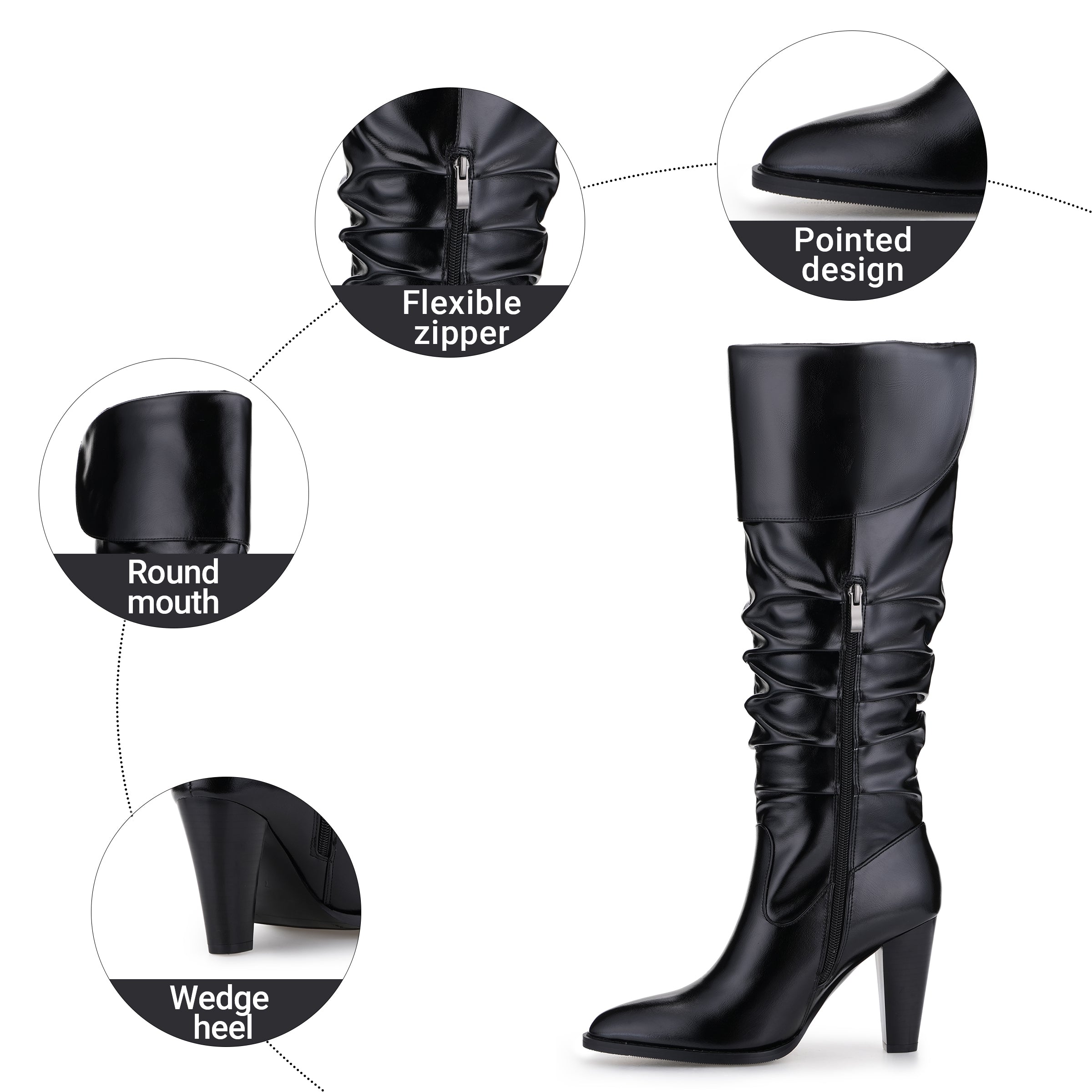 Tuhoomall Fashion Knee-High Boots for Women, Stylish Ruffled Design, 9cm Chunky Heel, Ideal for Casual Work and All Seasons