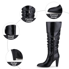 Tuhoomall Fashion Knee-High Boots for Women, Stylish Ruffled Design, 9cm Chunky Heel, Ideal for Casual Work and All Seasons