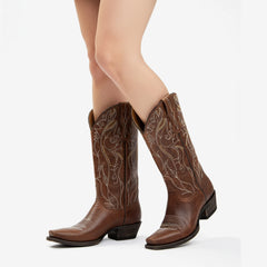 Tuhoomall Western Vintage Floral Embroidered Mid-Calf Cowboy Boots with Chunky Heel for Fashionable Casual Style