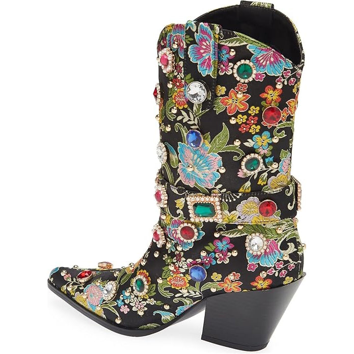 Tuhoomall Western Floral Embroidered Rhinestone Mid Calf Boots for Women, Chunky Heel, Water-Resistant Satin, Stylish for Spring Autumn Winter