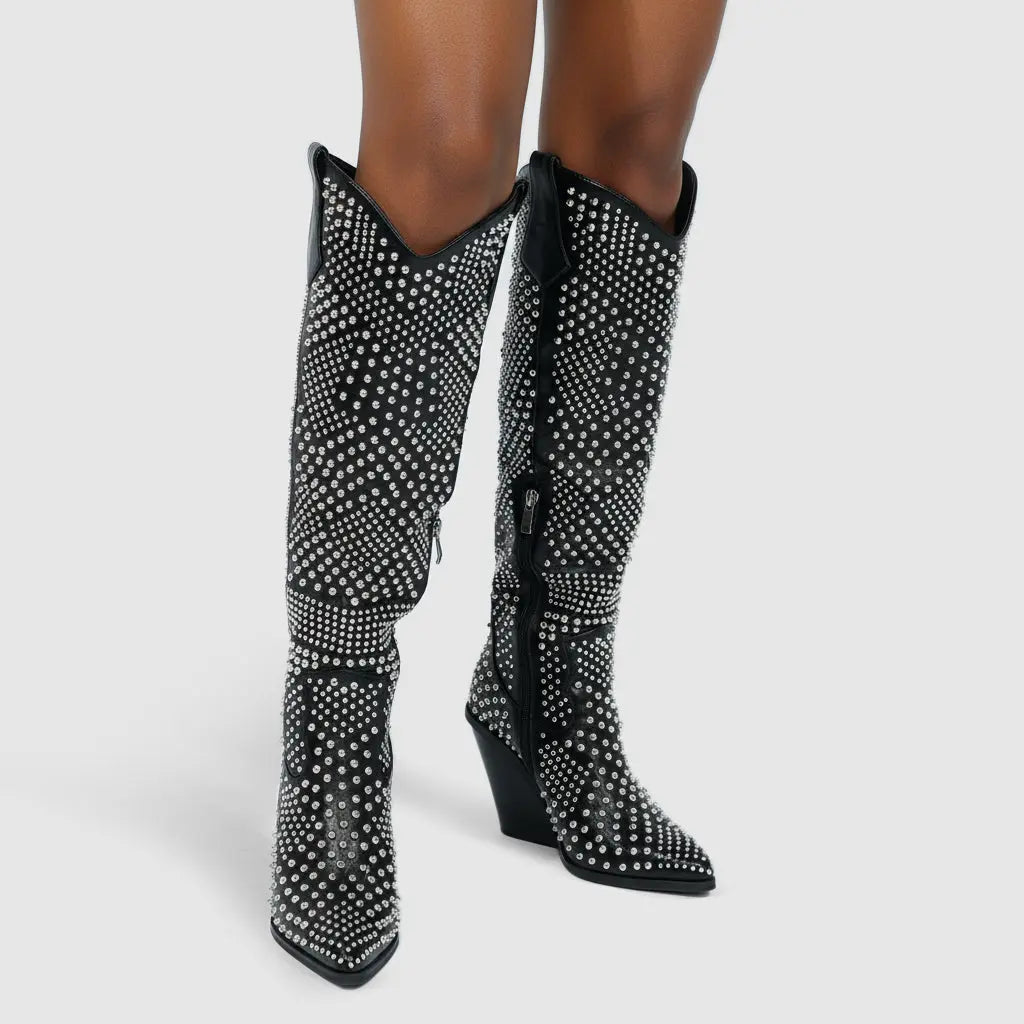 Tuhoomall Knee High Western Boots For Women, Western Style, Pointed Toe, Chunky Heel, Zipper Closure Perfect For Spring, Autumn, Winter Tuhoomall