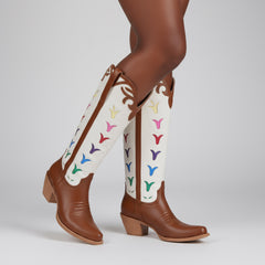 Tuhoomall Western Floral Embroidered Knee-High Boots, Chunky Heel Design, Slip-On Style for Travel and Casual Outings, Stylish Vegan Leather