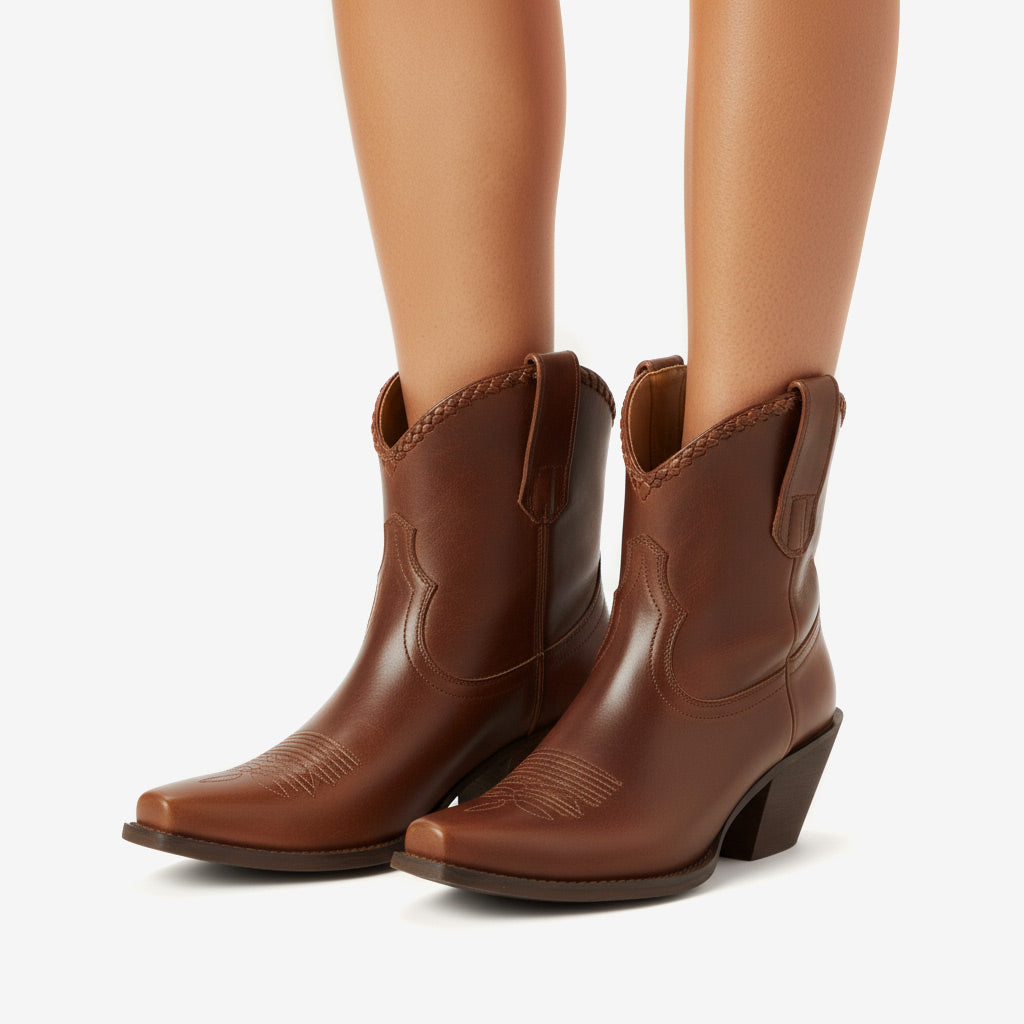 Tuhoomall Comfortable Western Style Ankle Boots for Women, Casual Workwear, Round Toe, Chunky Heel, Seasonless, Woven Colorblock Design