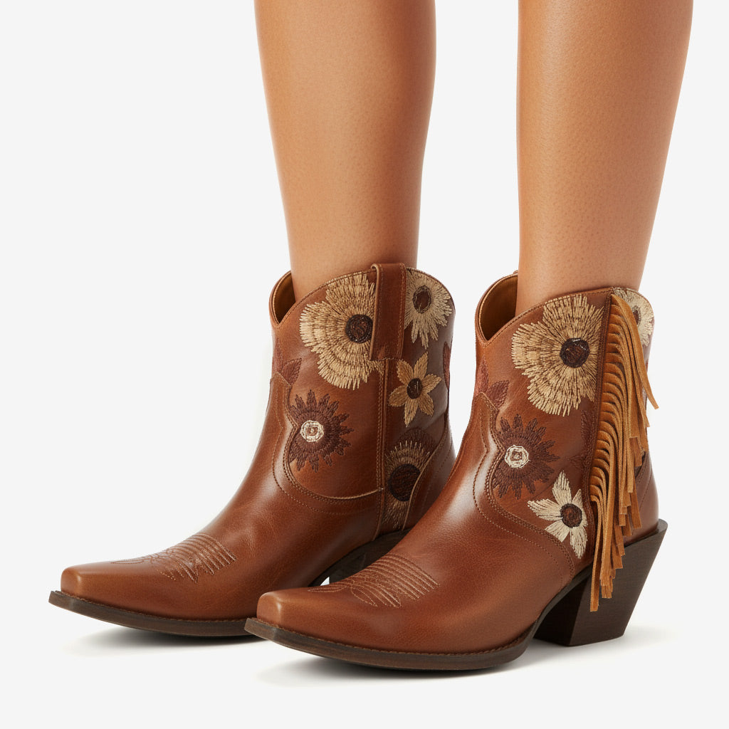 Tuhoomall Western Cowboy Ankle Boots for Women, Fashionable Floral Embroidered Short Booties, Casual Spring Autumn Winter Wear Tuhoomall