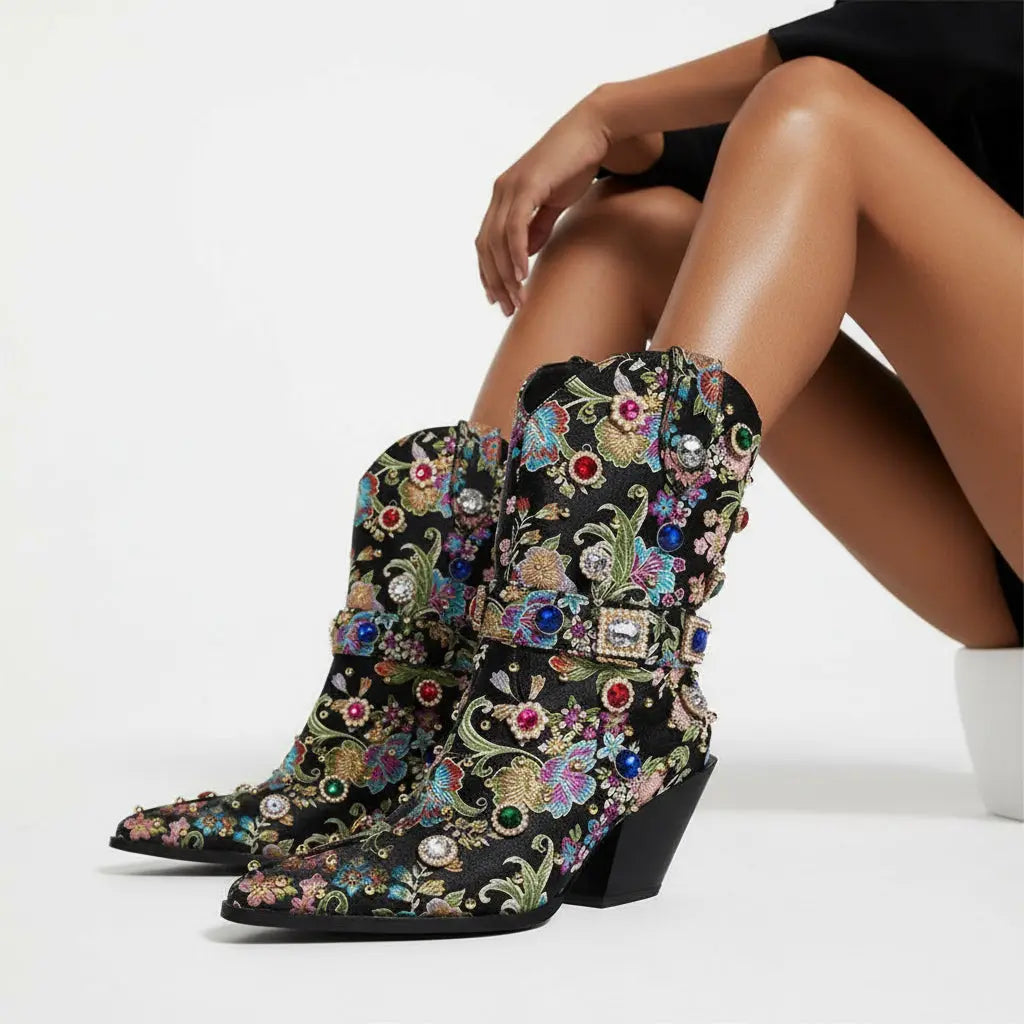 Tuhoomall Western Floral Embroidered Rhinestone Mid Calf Boots for Women, Chunky Heel, Water-Resistant Satin, Stylish for Spring Autumn Winter Tuhoomall