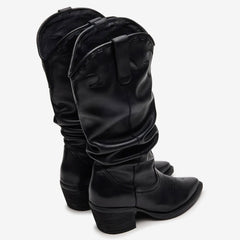 Tuhoomall Western Cowboy Boots For Women, Stylish Wrinkled Mid-Calf Design, Comfortable Slip-On Style, Embroidered Detailing