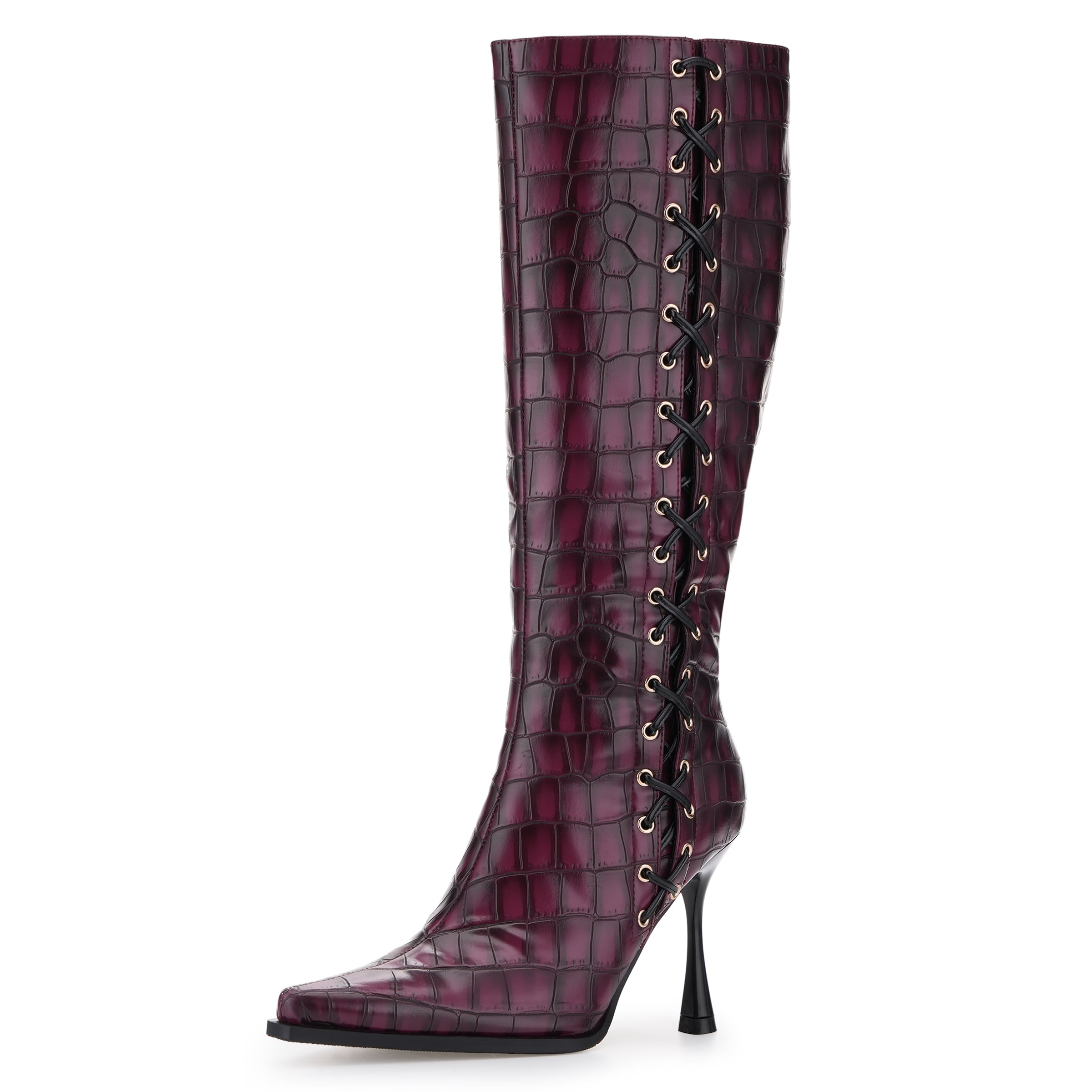 Tuhoomall Fashion Knee-High Boots for Women, Chic Style with Zipper and Stone Pattern, 9cm Stiletto Heels for Everyday and Work Use