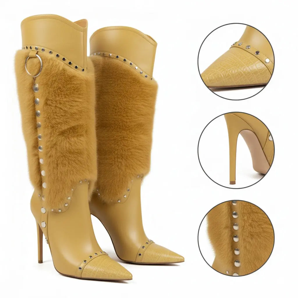 Tuhoomall Heel Fashion Boots for Women, Elegant Pointed Toe High Heels with Studs and Faux Fur, Ideal for Parties and Performances Tuhoomall
