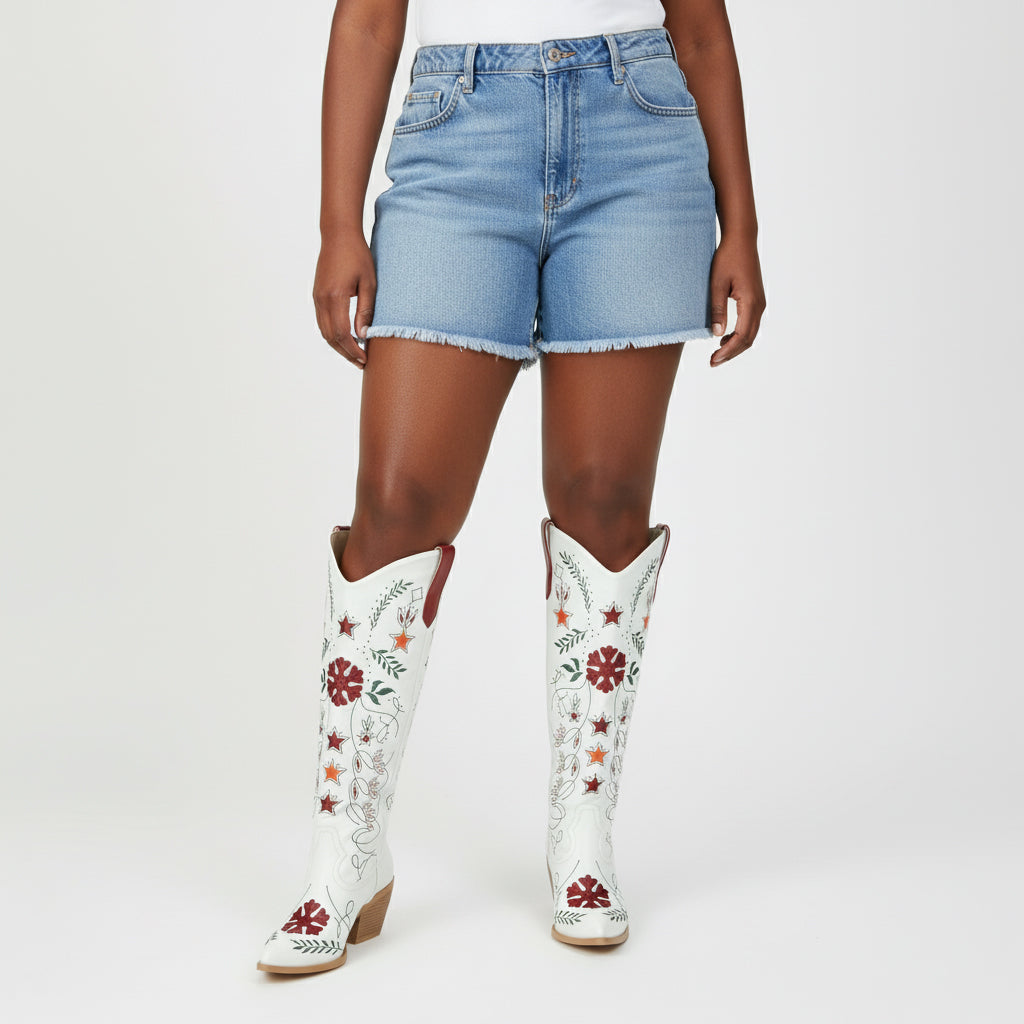 Tuhoomall Western Cowboy Knee-High Boots with Floral Embroidery, Chunky Heels for Fashion, Outdoor and Casual Wear, Unique Hollow Design, All-Season Ready