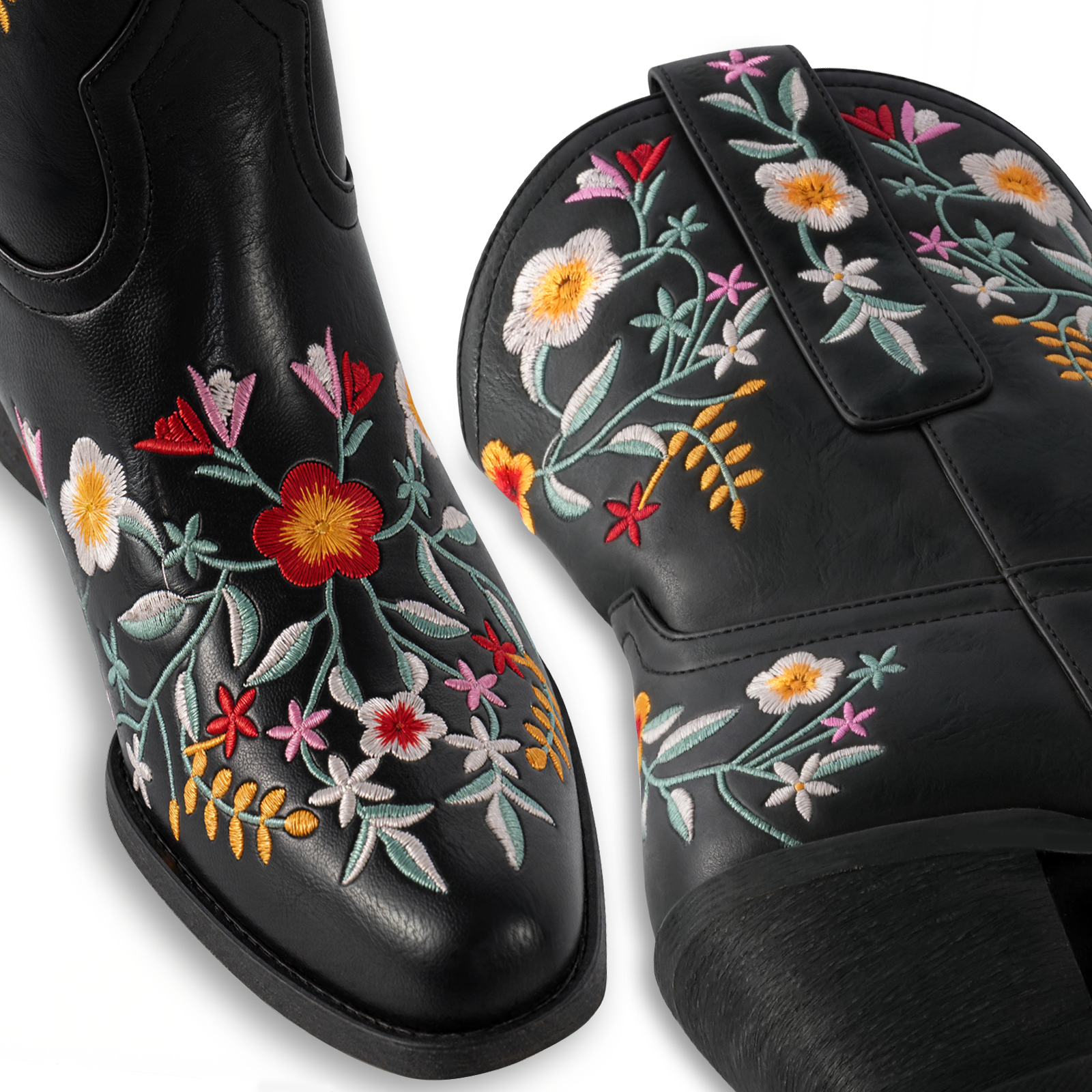 Tuhoomall Stylish Western Ankle Boots with Floral Embroidery, Rubber Sole, Chunky 5cm Heel for Classic and Casual Looks