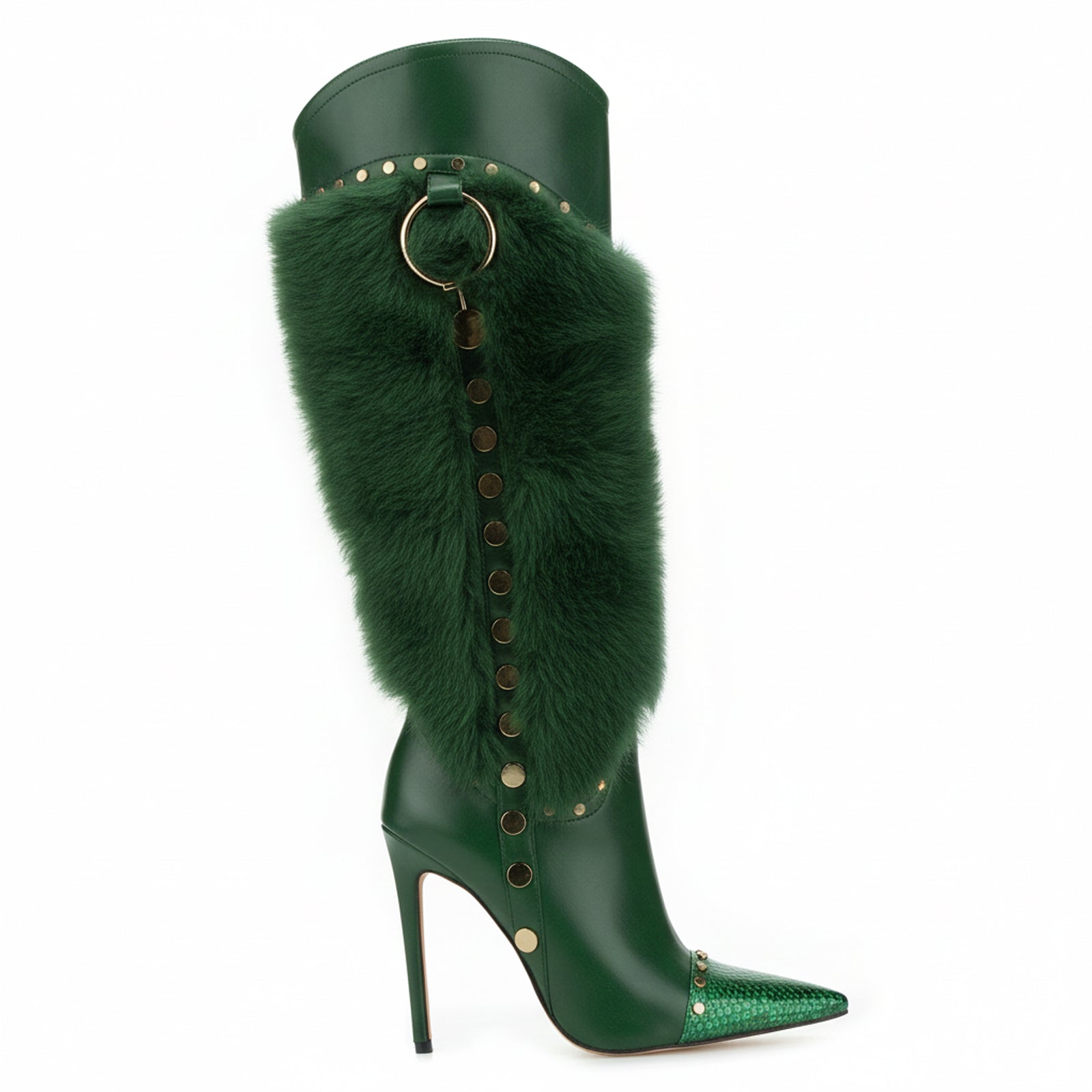 Tuhoomall Heel Fashion Boots for Women, Elegant Pointed Toe High Heels with Studs and Faux Fur, Ideal for Parties and Performances