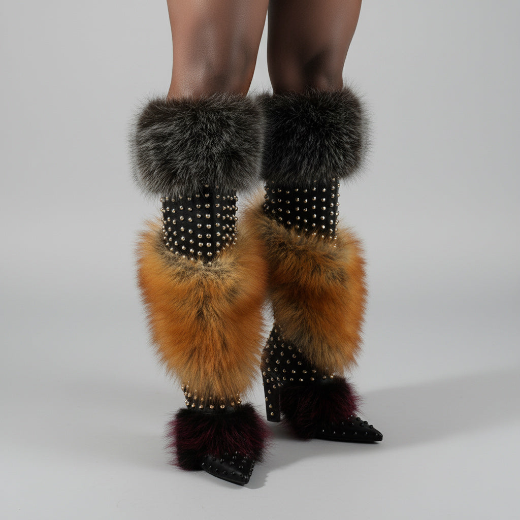 Tuhoomall  Stylish Over-the-Knee Chunky Heeled Boots for Parties and Performances with Faux Fur and Studs