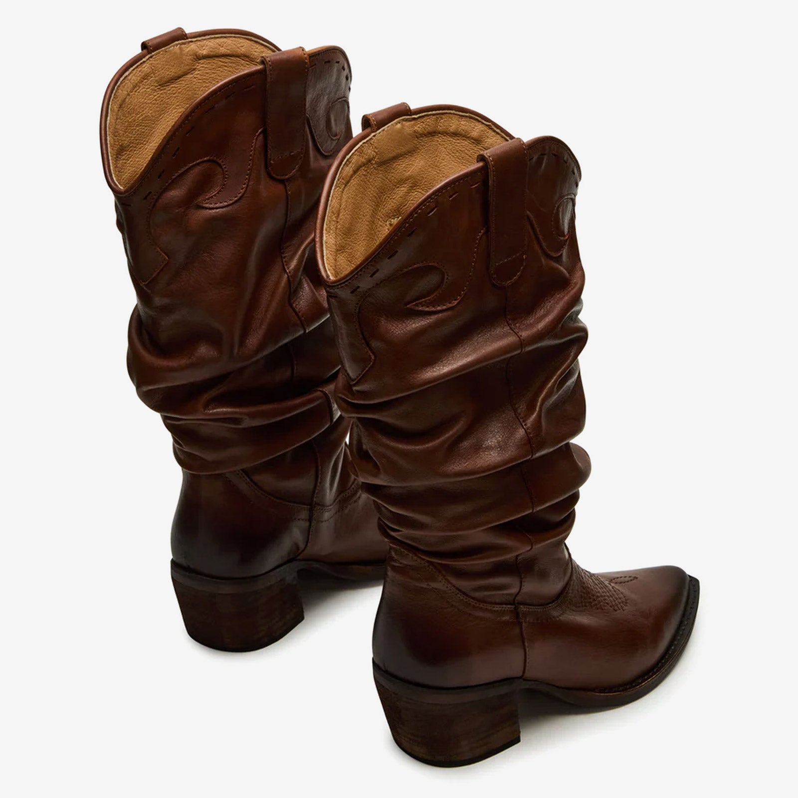 Tuhoomall Western Cowboy Boots For Women, Stylish Wrinkled Mid-Calf Design, Comfortable Slip-On Style, Embroidered Detailing