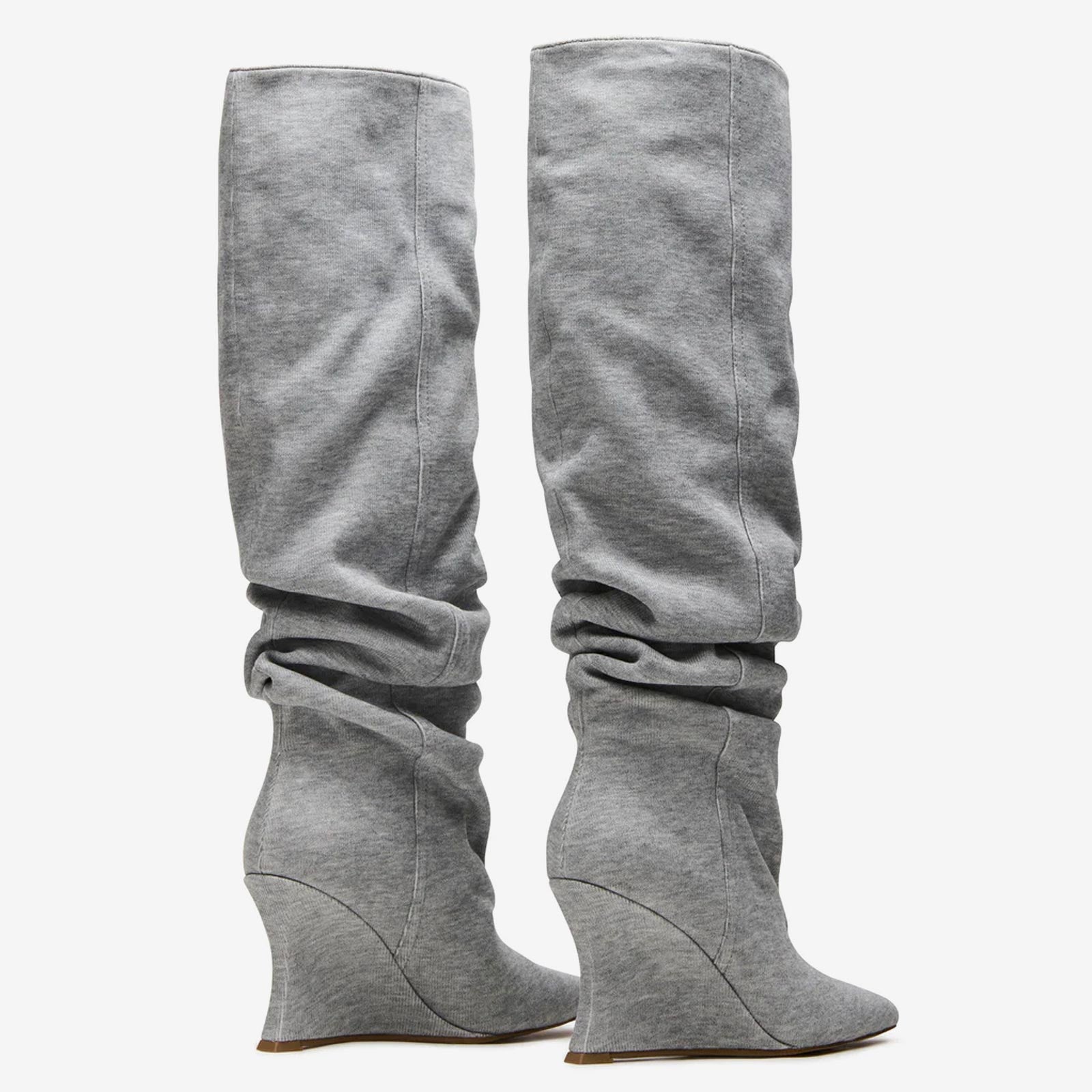 Tuhoomall Knee High Comfortable Wedge Booties With Pointed Toe For Parties, Performances, Fashion Events, Featuring Ruffled Design And Rubber Sole