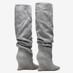 Tuhoomall Knee High Comfortable Wedge Booties With Pointed Toe For Parties, Performances, Fashion Events, Featuring Ruffled Design And Rubber Sole