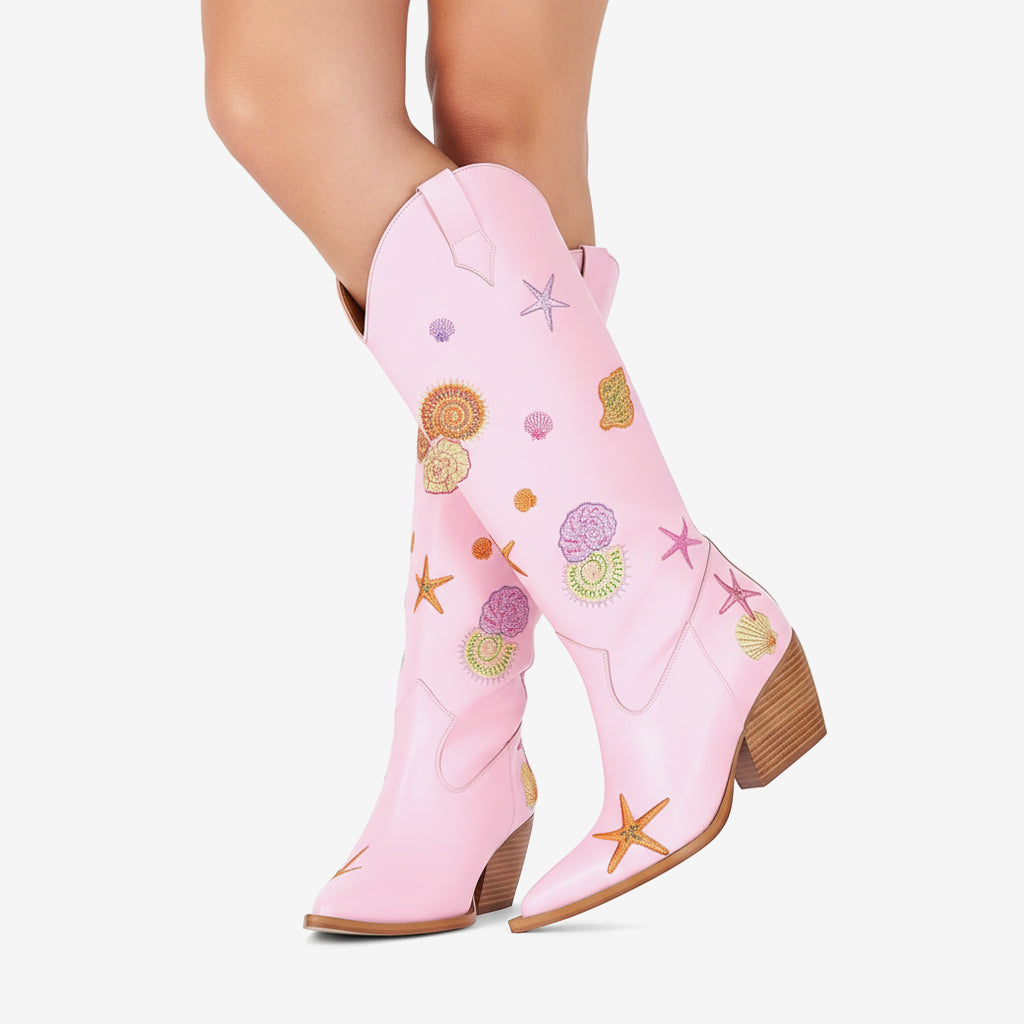 Tuhoomall Western Style Knee High Boots for Parties and Performances with Comfort and Embroidered Animal Patterns