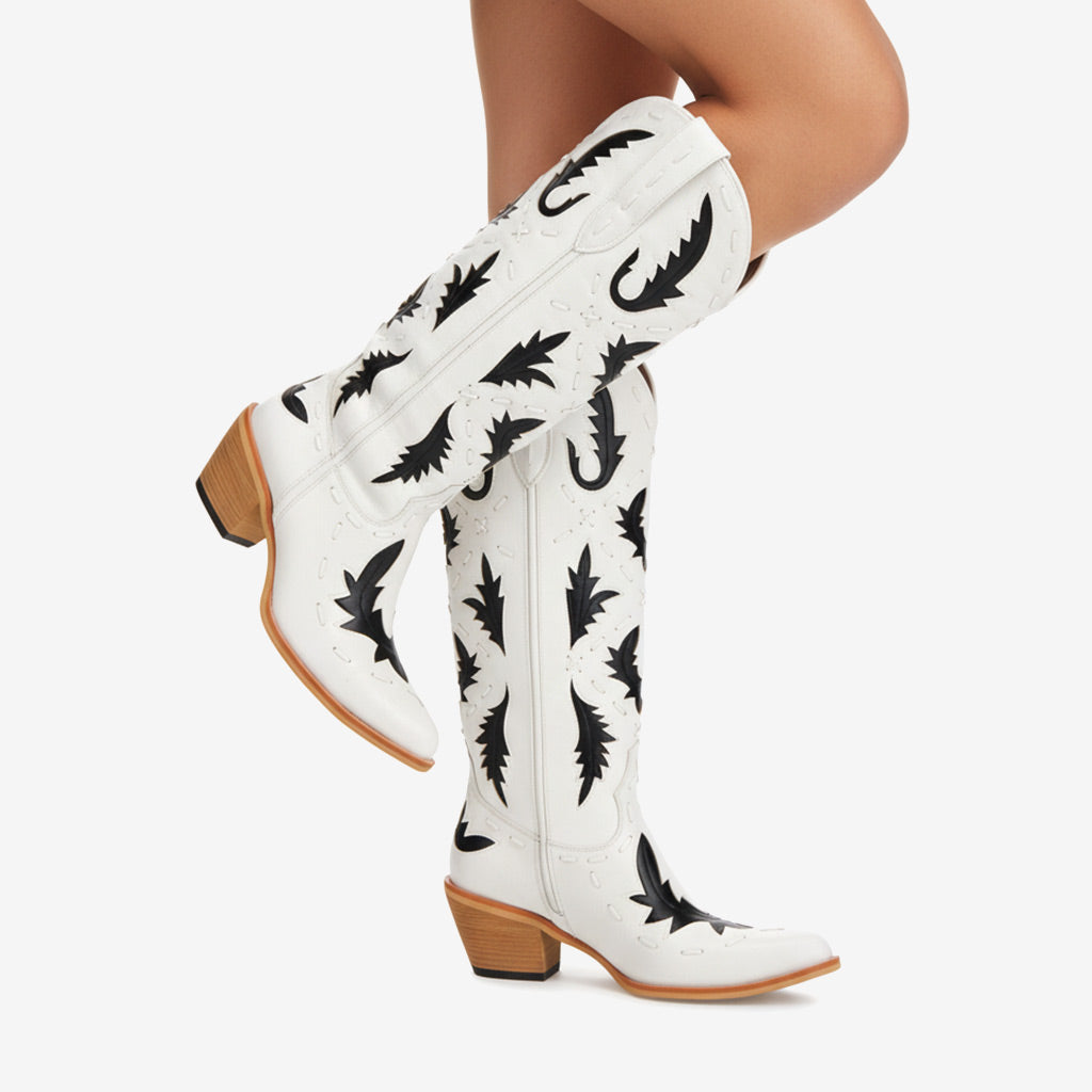 Tuhoomall Western Knee-High Cowboy Boots With Chunky Heel, Stylish Suede , Chic Patchwork Design For Comfort In Casual Outfits