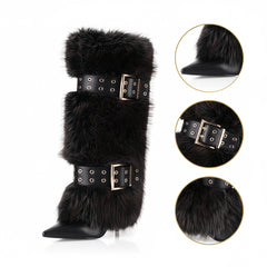 Tuhoomall Knee-High Folded Fashion Boots with Pointed Toe, Faux Fur Design, Adjustable Buckle, Stylish Rubber Sole for Parties and Performances